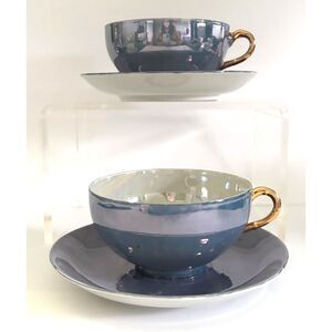 VTG Japanese Lusterware Teacup Saucer Set Iridescent Blue Gold Handle MCM Pair